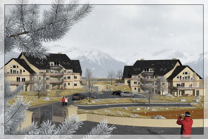 Perspective 3D d'un petit collectif sous la neige